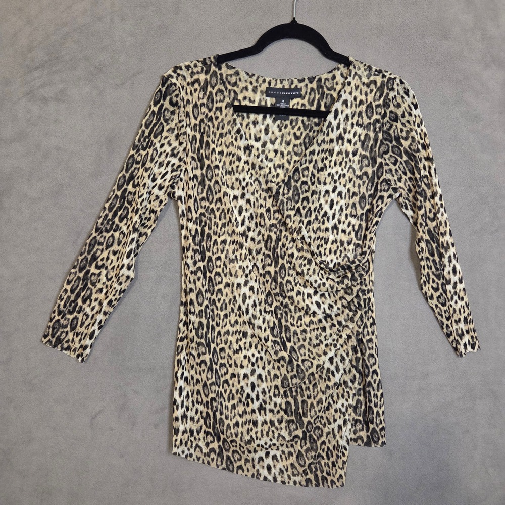 Grace Elements Leopard Mesh Faux Wrap Top Women's Medium Y2K Mobwife Ruched